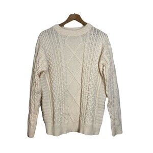 Women’s Sweater Medium Oversized White Cable Knit Pullover Fisherman Chunky Cozy